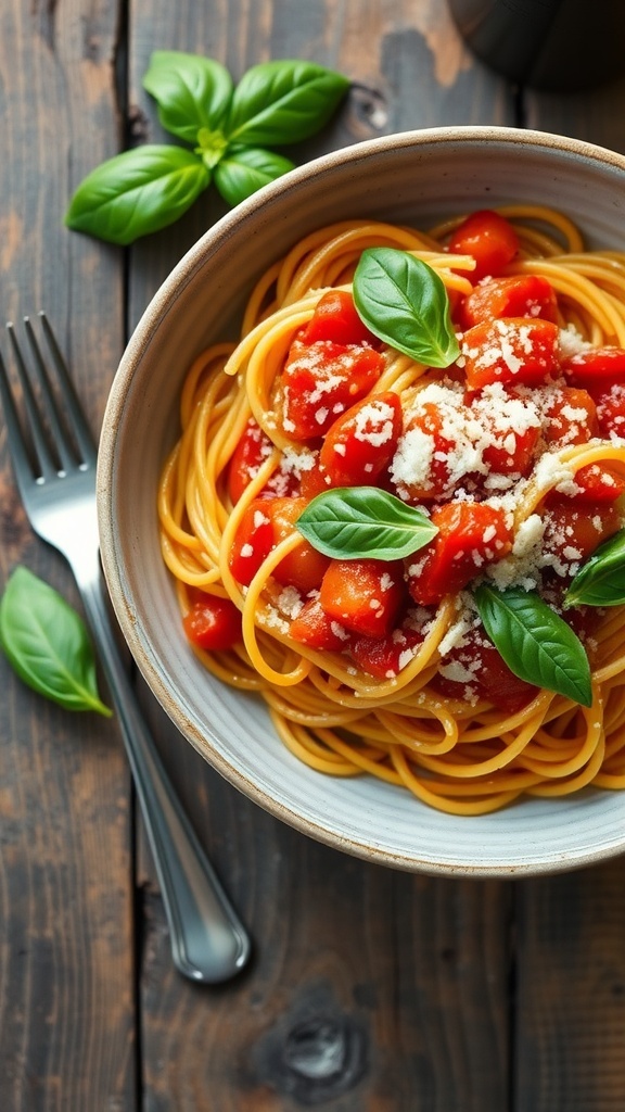 Tomato Basil Pasta Recipe A bowl of tomato basil pasta with fresh tomatoes and basil, garnished with Parmesan cheese on a wooden table.